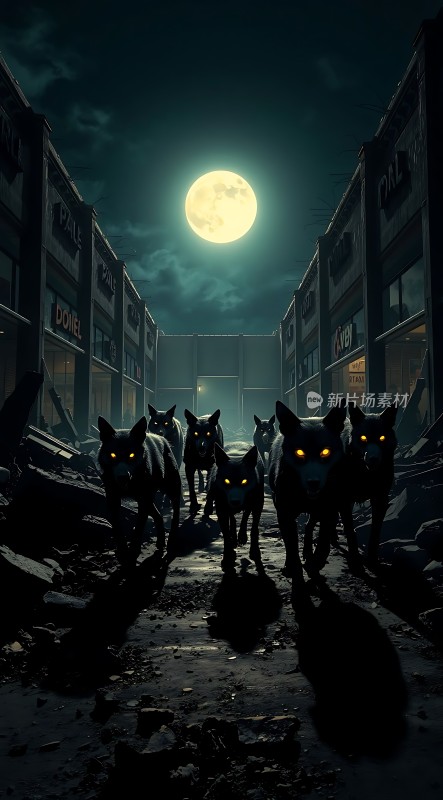 月下狼群废弃街道上的神秘来客
