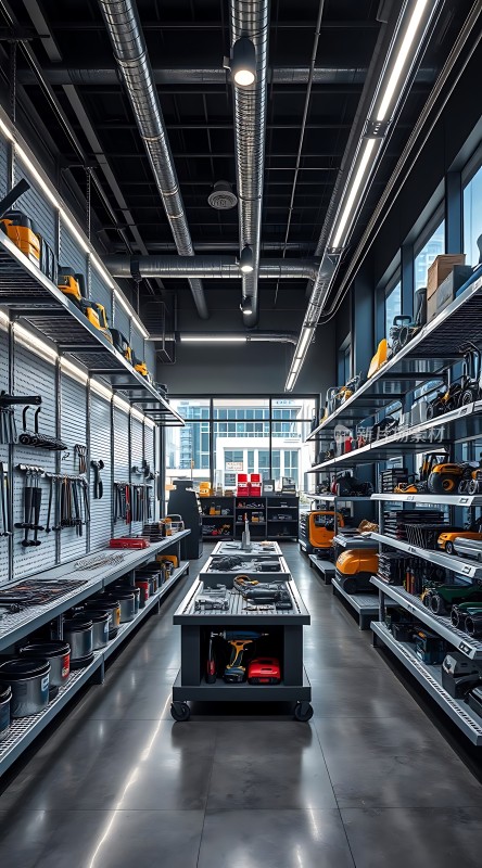 工具仓库整齐排列的工具和设备展示