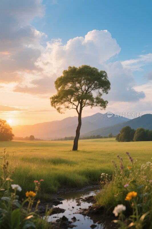 草地夕阳独树风景