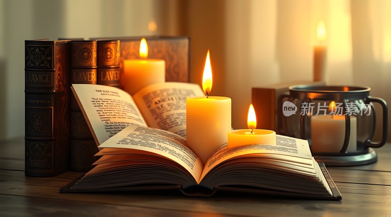 书页间光影交织蜡烛旁静谧时光
