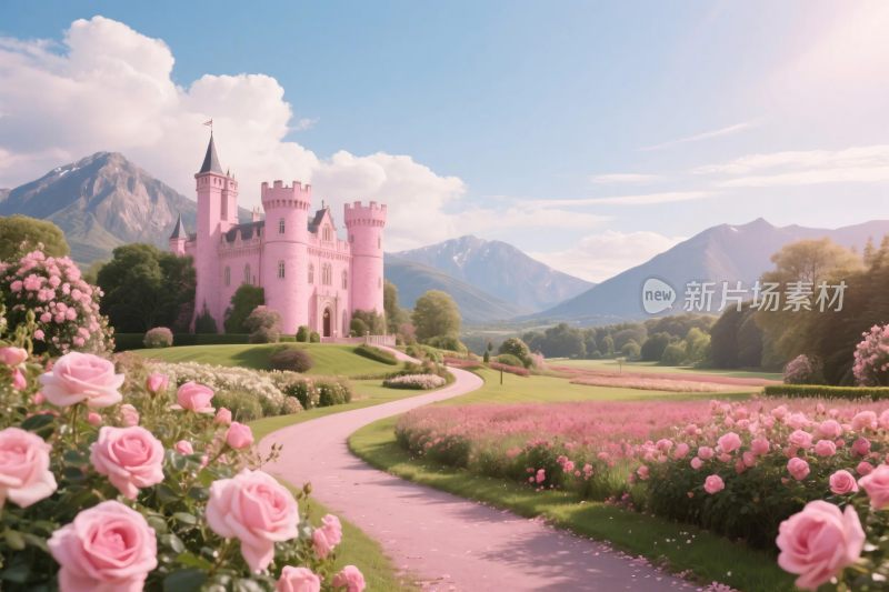 梦幻粉色城堡花海