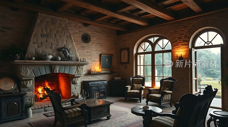 温馨壁炉客厅优雅家具与自然美景融合