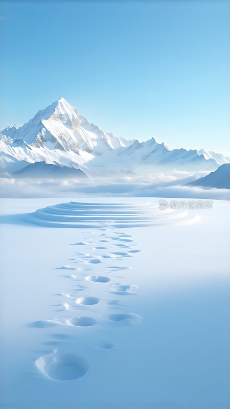 雪地足迹通向雪山之巅