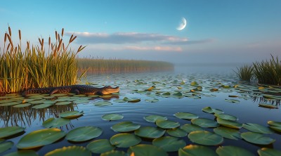 月下湿地风光鳄鱼静卧荷叶间 月下湿地风光鳄鱼静卧荷叶间