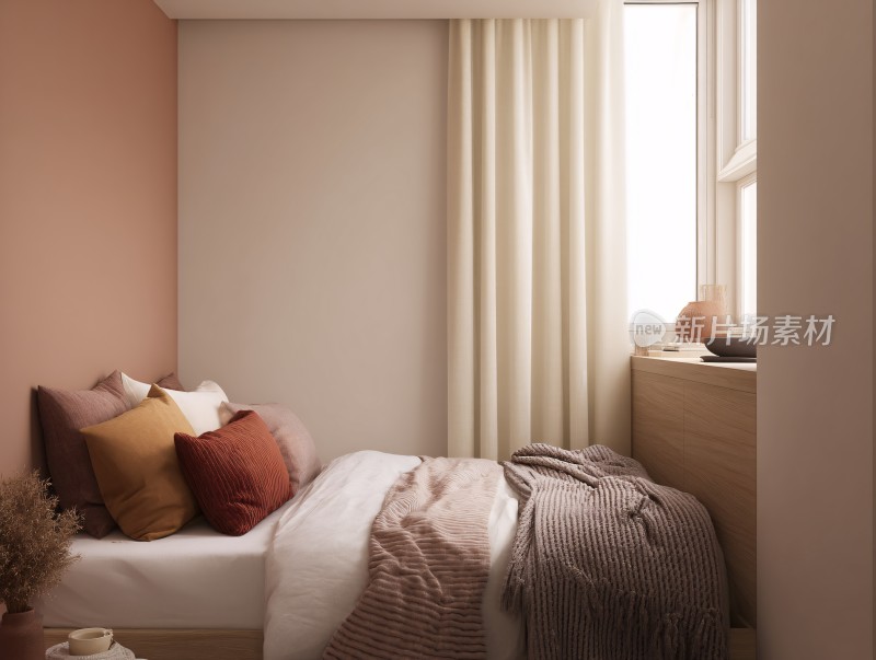 温馨卧室窗边床景