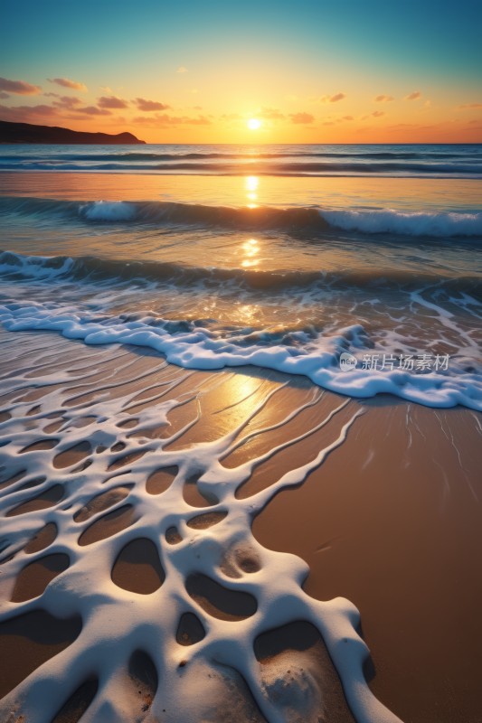 海滩海浪和日落的景色高清风景图片