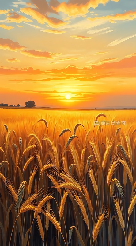 金色麦浪映夕阳