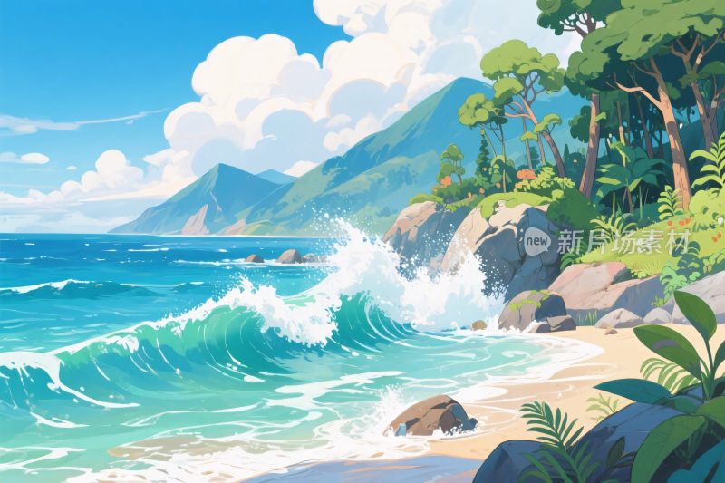 海滩海浪风景插画