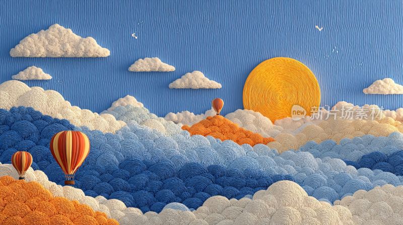 云海中飘浮的热气球与落日