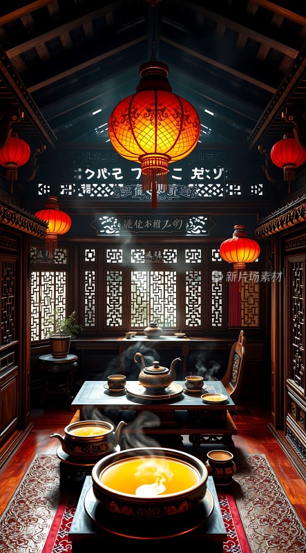 古色古香茶馆红灯笼映照下的传统韵味