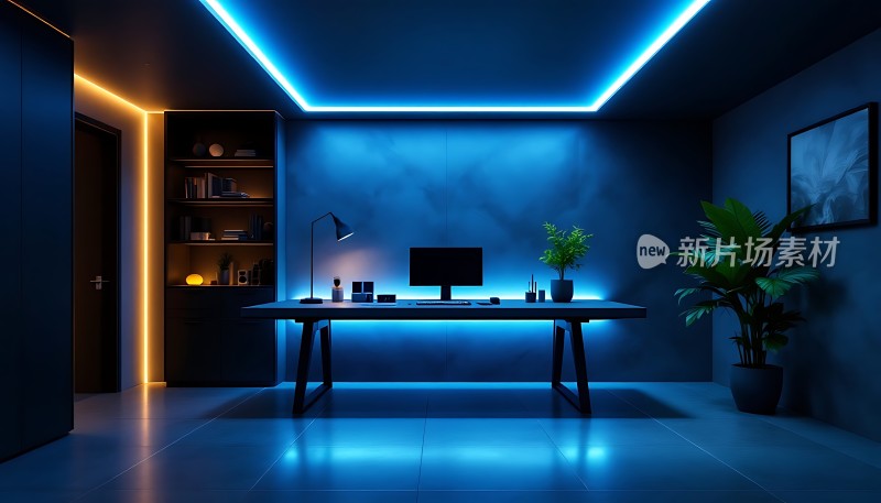 科技感十足的现代办公室蓝色灯光下的工作空间