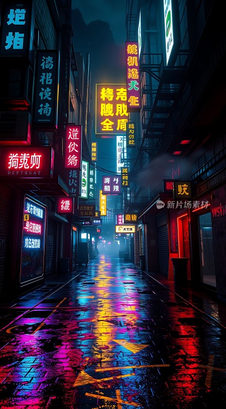 霓虹灯下的雨夜街头