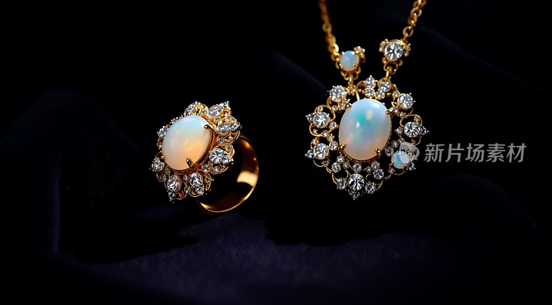 黄金镶嵌宝石戒指项链套装