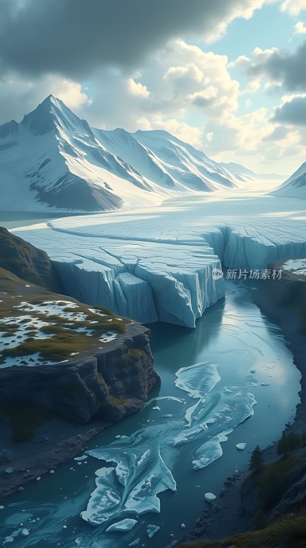 冰封山谷雪峰耸立