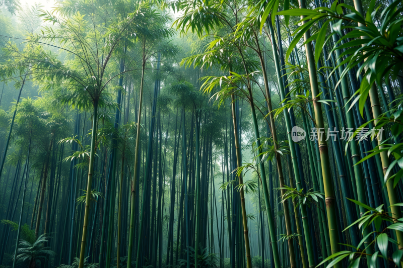 绿叶森林中的高大竹树高清背景图片