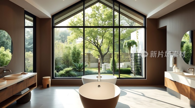现代浴室设计自然光线充足绿意盎然