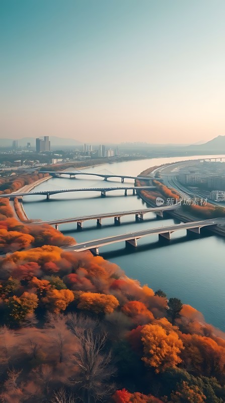 秋日湖畔秋色浓城市桥梁映美景