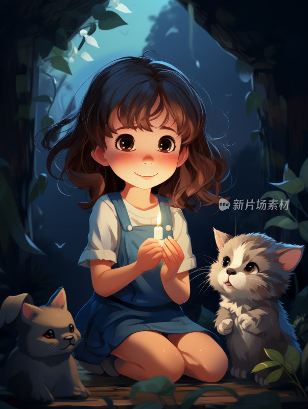 卡通少女和小猫