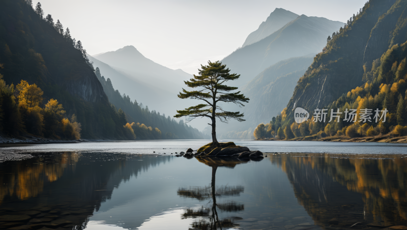 湖中央长着一棵树高清风景图片