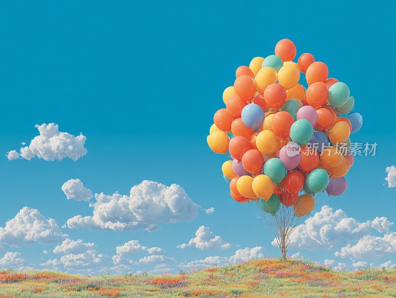 多彩气球飘于蓝天白云草地间