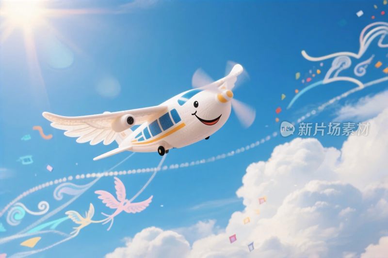 卡通飞机翱翔于蓝天白云间