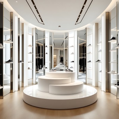 现代鞋店内部设计白色圆形展示台与镜面墙相映成趣