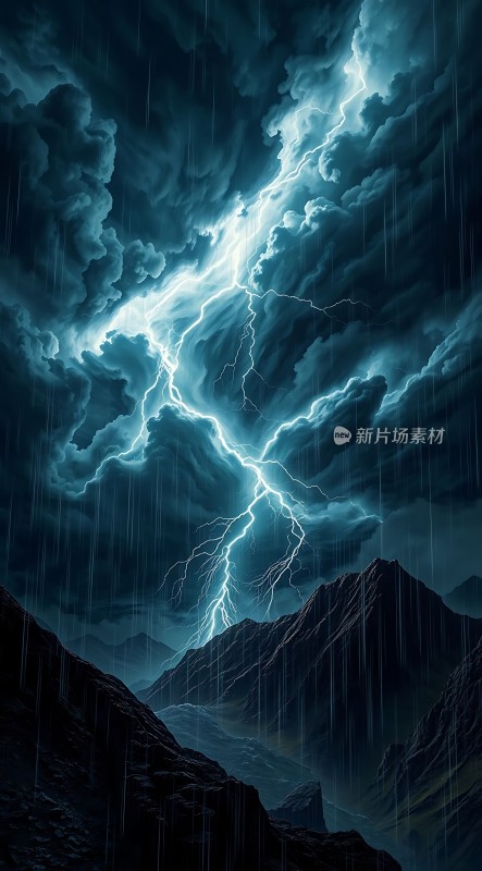雷雨夜的山脉闪电