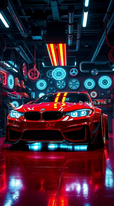 红色宝马赛车未来车库科技感十足