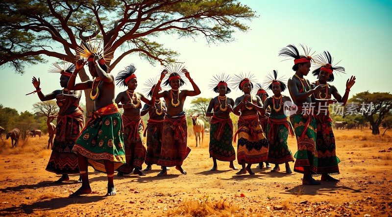 非洲部落舞者身着传统服饰头戴羽毛装饰在树下欢快起舞