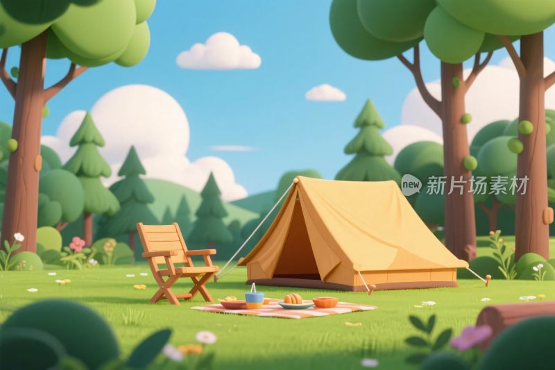 森林中的露营场景插画