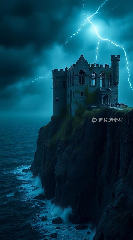 海崖古堡闪电夜