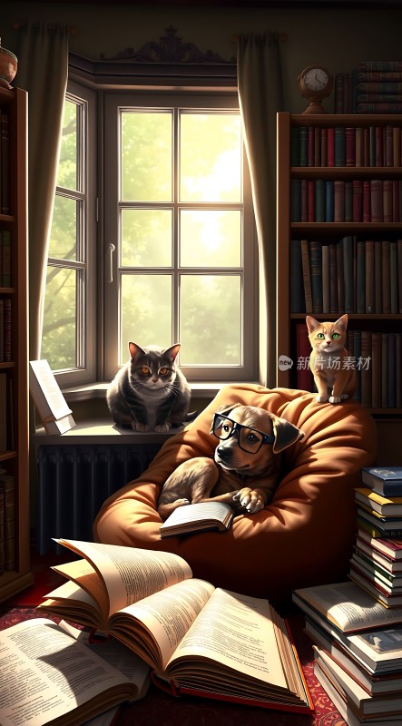 阳光下的书房里戴着眼镜的狗狗和两只猫咪一起阅读书籍