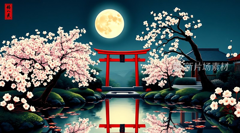 春夜月下樱花门