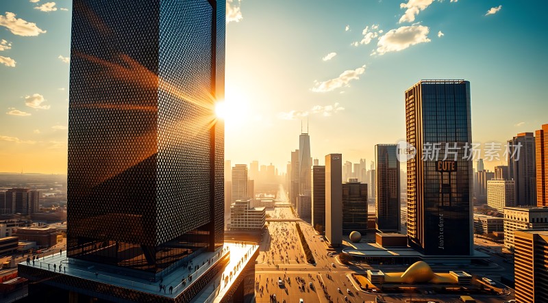 城市日出高楼林立阳光洒满大地