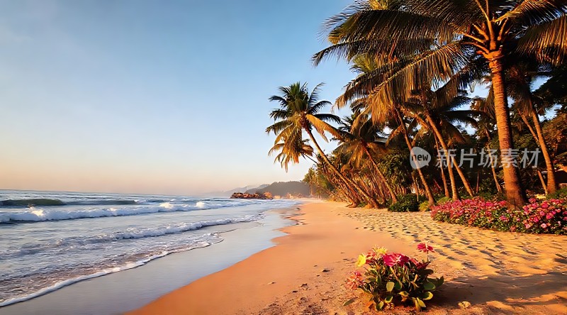 椰林沙滩海浪轻拍繁花似锦阳光明媚