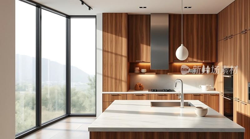现代厨房设计木质橱柜与大理石台面自然光线充足简约而温馨