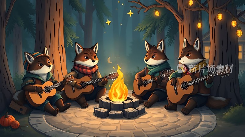 森林音乐会狐狸们围火弹吉他