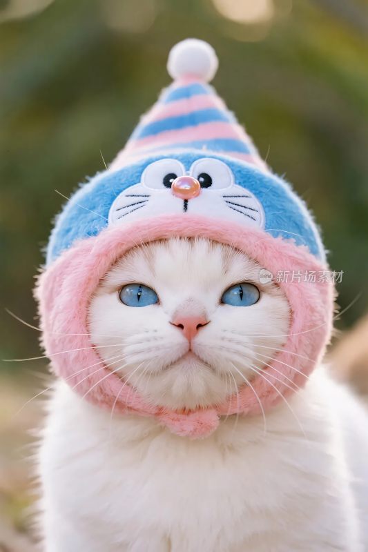 戴卡通帽的白猫