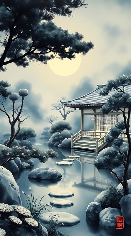 月下古亭静卧溪石间