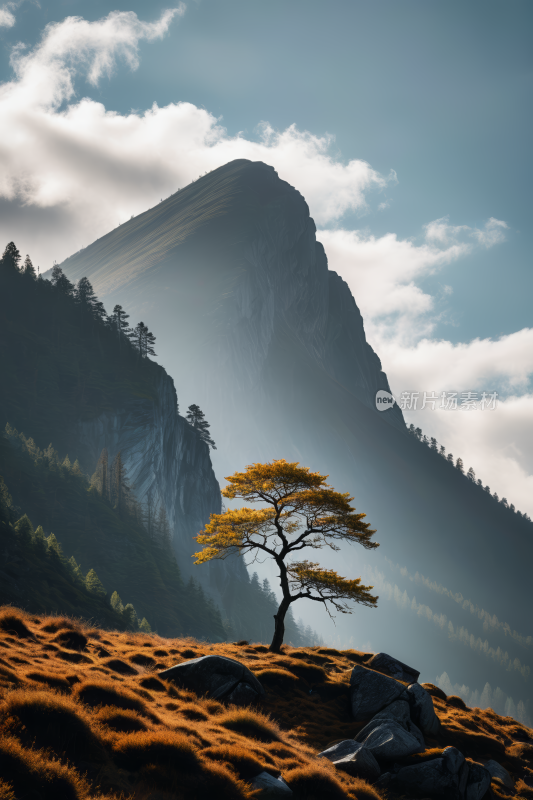 在草山上一棵孤树高山清风景图片