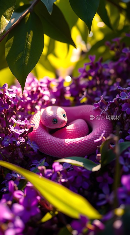 粉红蛇卧紫花丛中