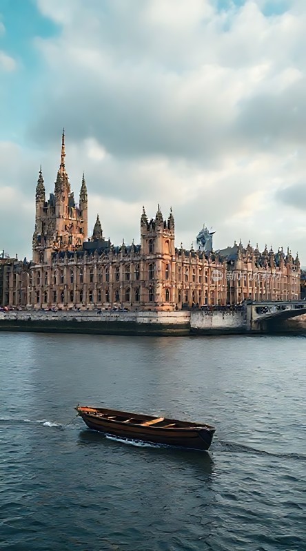 泰晤士河畔伦敦眼旁小船悠然