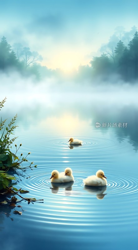 湖畔晨雾中的三只小鸭