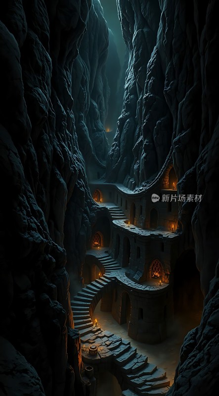 黑暗洞穴中的古老建筑