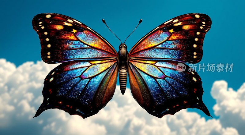 蓝天白云下的彩色蝴蝶展翅飞翔