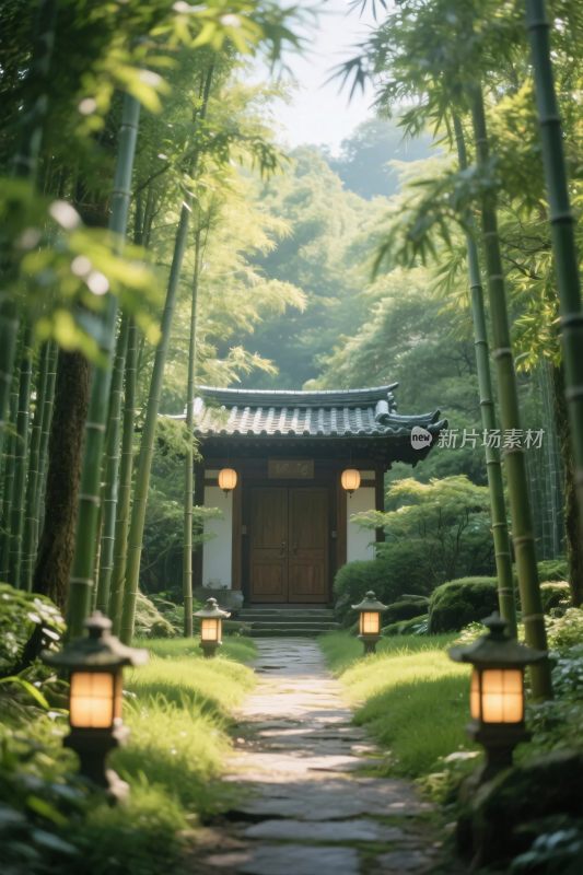 竹林古建风景图