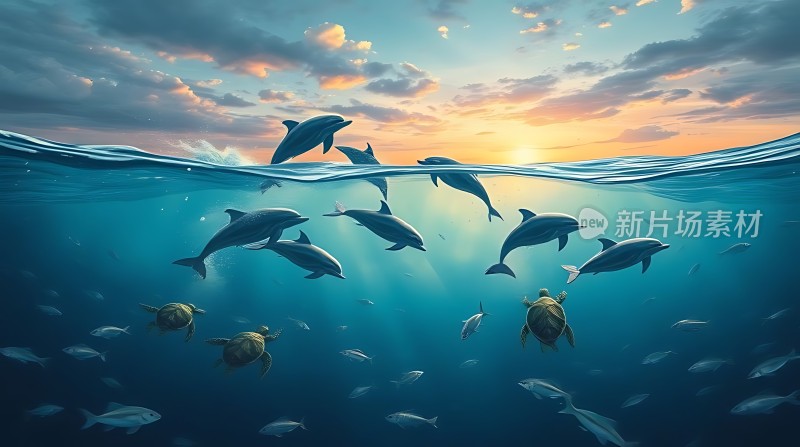 海豚与海龟共舞于日落时分的大海