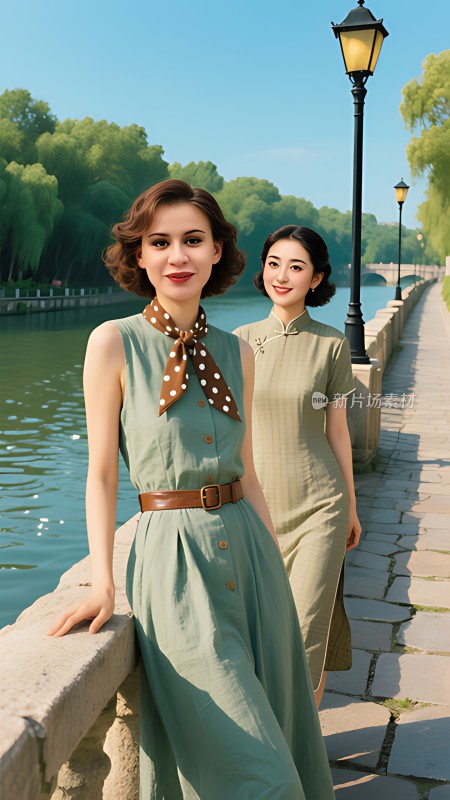 湖畔漫步绿裙佳人岁月静好