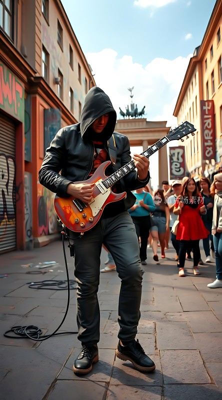 街头吉他手阳光下的音乐表演