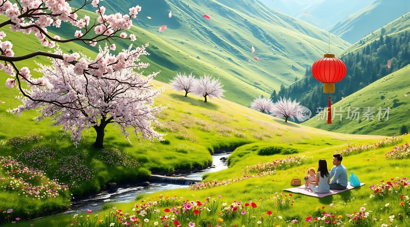 春日野餐樱花飘落